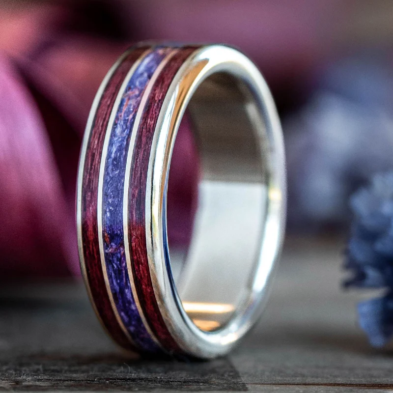 women’s halo engagement rings-The Mythos | Men's Gold Wedding Band with Sea Lavender & Purpleheart Wood