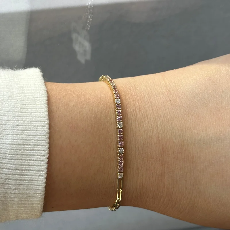 women’s cuff bracelets-Yellow Gold Pink Sapphire Diamond Tennis Paperclip Bracelet