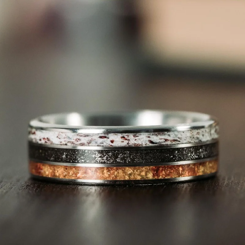 women’s vintage diamond engagement rings-The Last Frontier | Men's Titanium Wedding Band with Elk Antler, Meteorite Dust, & Fossilized Amber