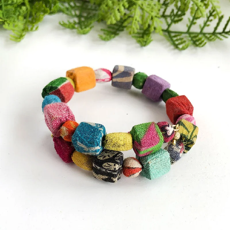 women’s beach bracelets-Recycled Sari Overlap Bracelet, India