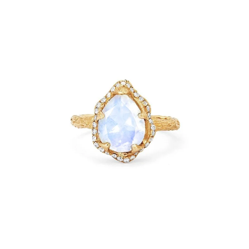 women’s vintage-style rings-Baby Queen Water Drop Moonstone Ring with Full Pavé Diamond Halo | Ready to Ship