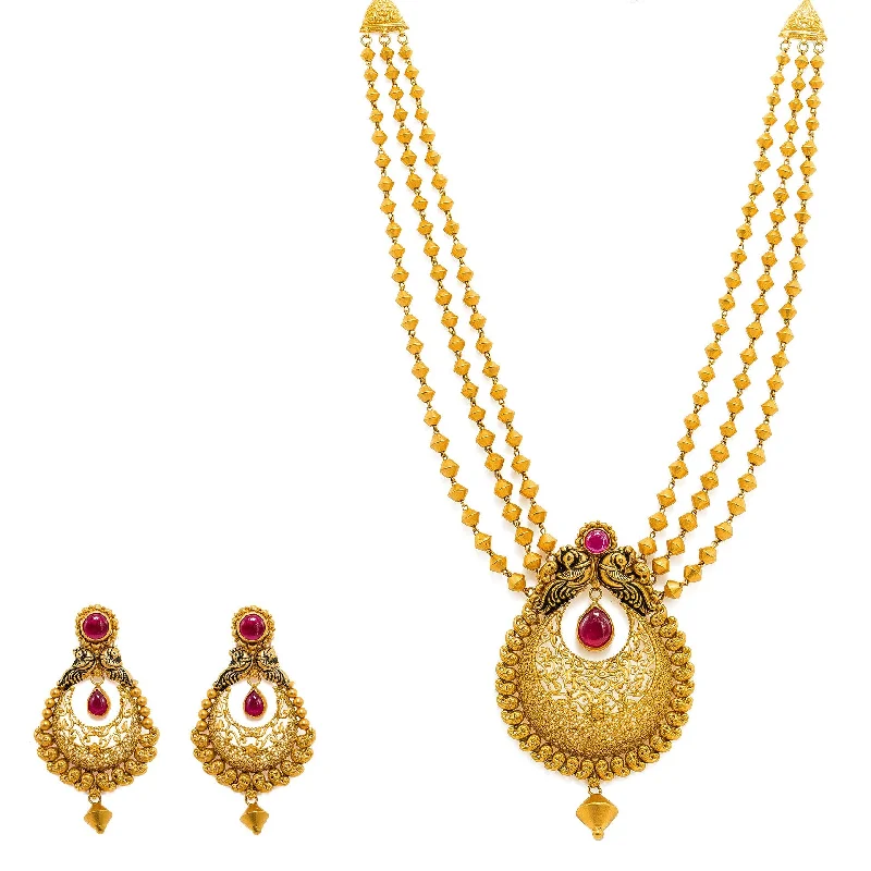 women’s gold-plated pendant necklaces-22K Yellow Gold Necklace And Chandbali Earrings Set W/ Rubies, Gold Bicone Strands & Chandbali Pendants