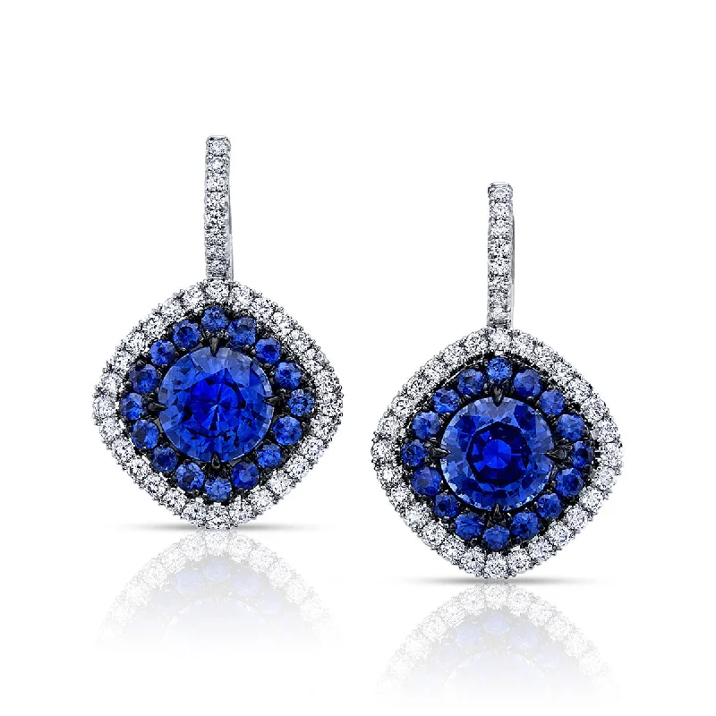 women’s amethyst earrings-Platinum Blue Sapphire and Diamond Halo Drop Earrings