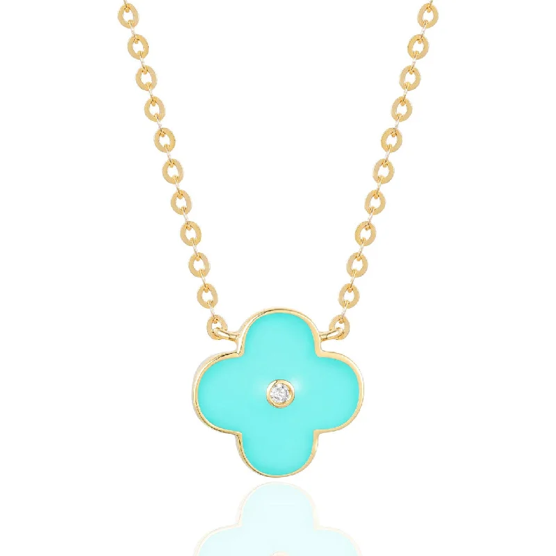 women’s layered charm necklaces-Yellow Gold Tourquise/Dia Clover Necklace