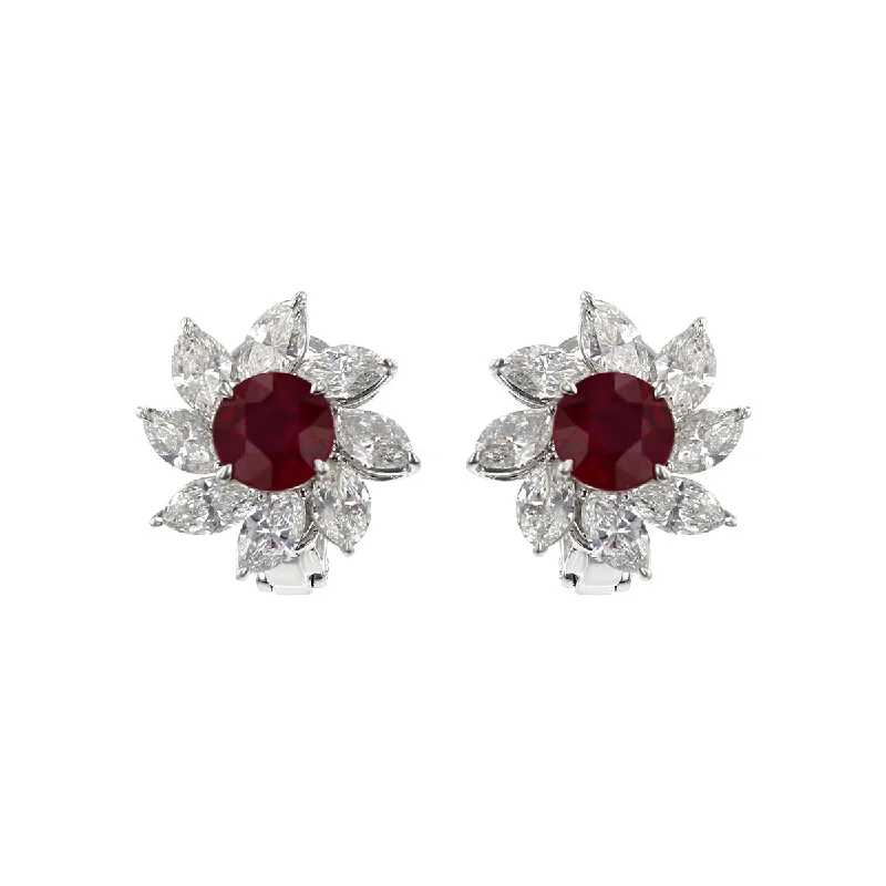 women’s heart-shaped earrings-Platinum Ruby and Marquise Diamond Halo Stud Earrings