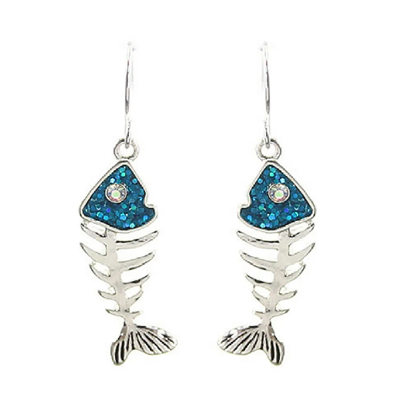 women’s gold-plated earrings-Silver & Blue Fish Bone Dangle Earrings with Rhinestone Accents