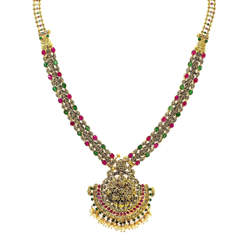 women’s statement chokers-22K Yellow Antique Gold Laxmi Necklace W/ Emeralds, Rubies, Pearls & Beaded Adjustable Drawstring Closure