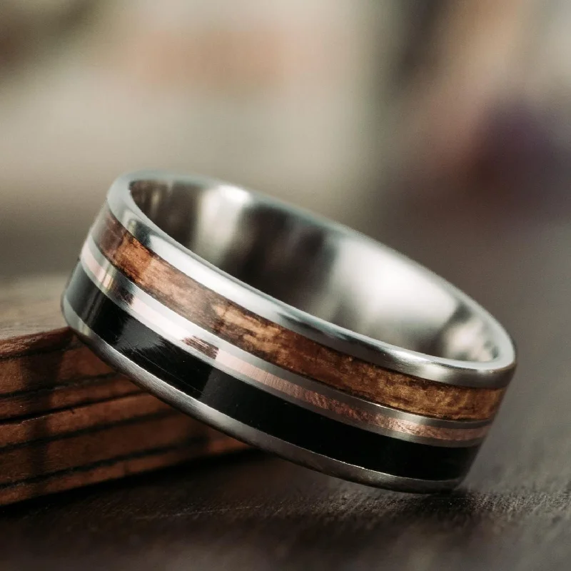 women’s vintage-style engagement rings-The Navy | Men's Titanium Wedding Band with Teak Wood, US Navy Uniform, & Center Metal Inlay