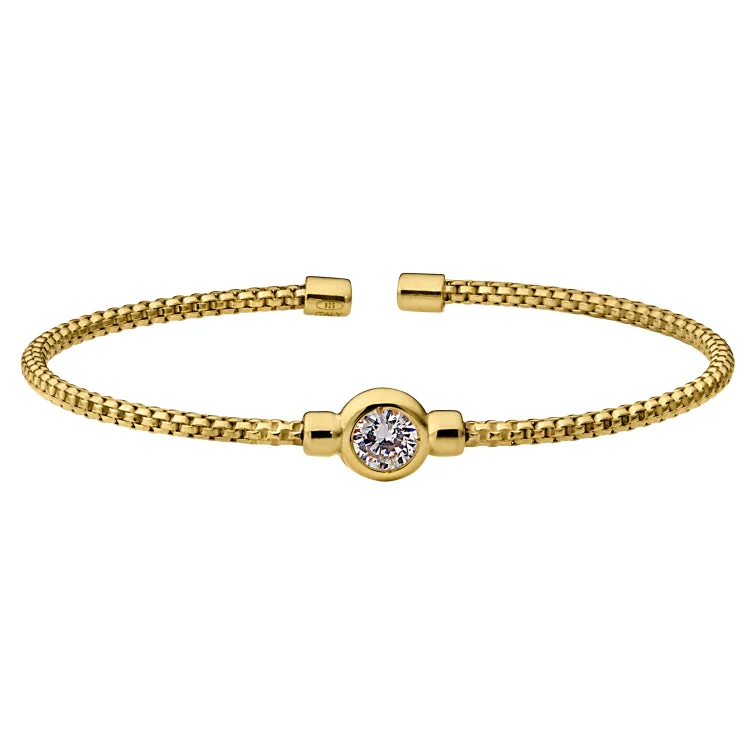 women’s pearl bracelets-Gold Finish Sterling Silver Rounded Box Link Cuff Bracelet with Bezel Set Simulated Diamond Birth Gem