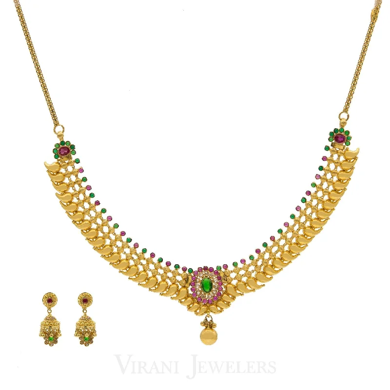 women’s star necklaces-22K Gold Mango Studded Necklace and Earrings W/ CZ, Ruby & Emerald Stones