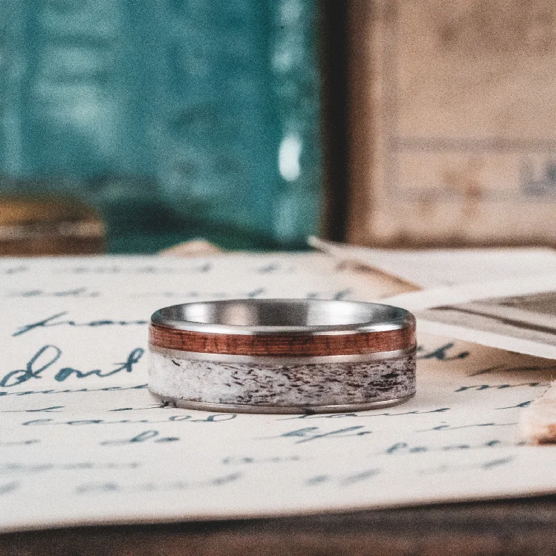 women’s cushion cut engagement rings-The Mid-Century Cowboy | Men's Titanium Wedding Band with Elk Antler & Teak Wood