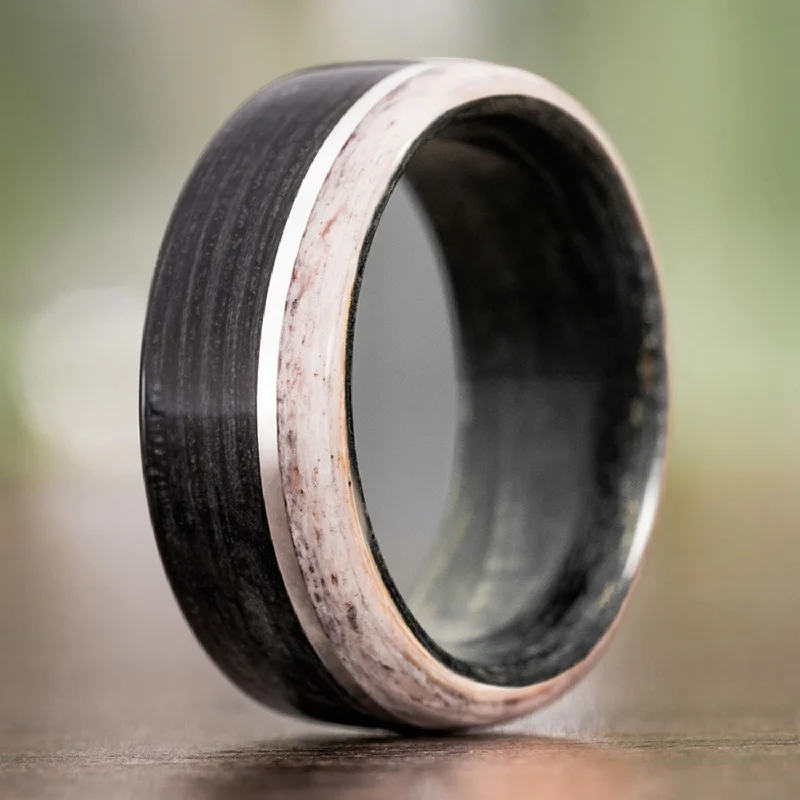 women’s custom engagement rings with diamonds-The Whiskey Canyon | Men's Black Whiskey Barrel & Elk Antler Wedding Band with Offset Metal Inlay