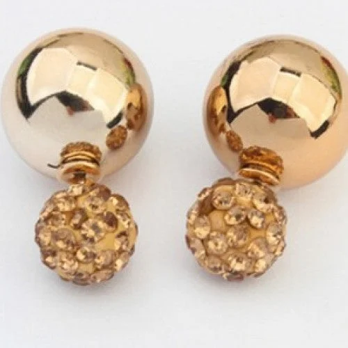 women’s anniversary earrings-Double Pearl Women Earrings Gold Plated - Crystal Two Ball Pearls Stud Earrings