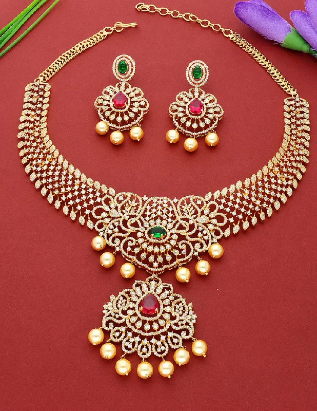 women’s choker with charms necklaces-Designer Gold Plated Zirconia Necklace Set