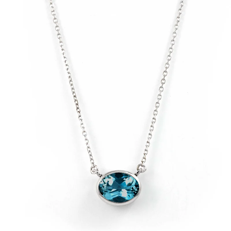 women’s two-tone necklaces-Oval London Blue Topaz Necklace, 14K White Gold