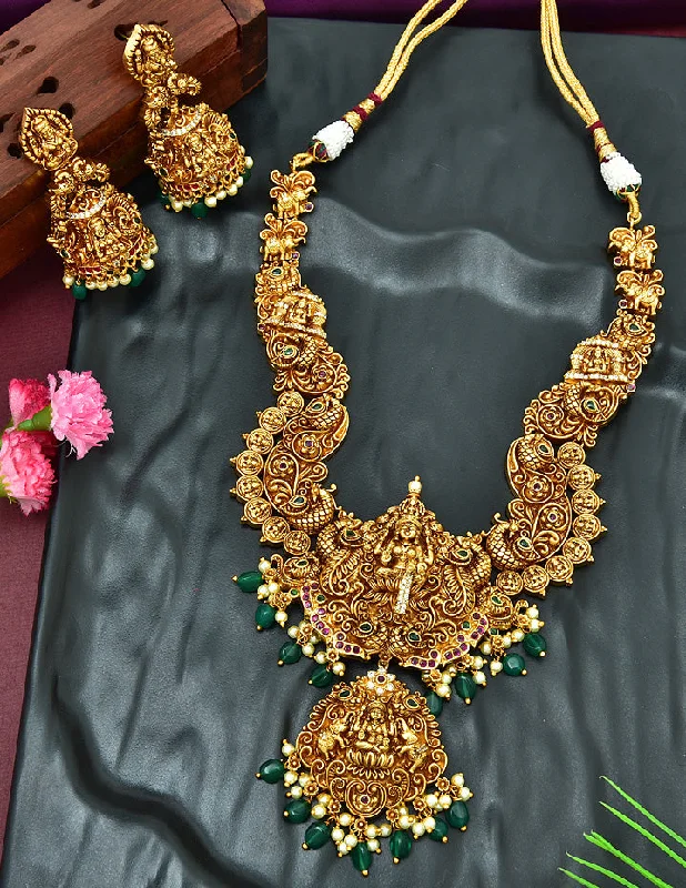 women’s long pendant necklaces-Designer Antique Lakshmi Devi Necklace Set