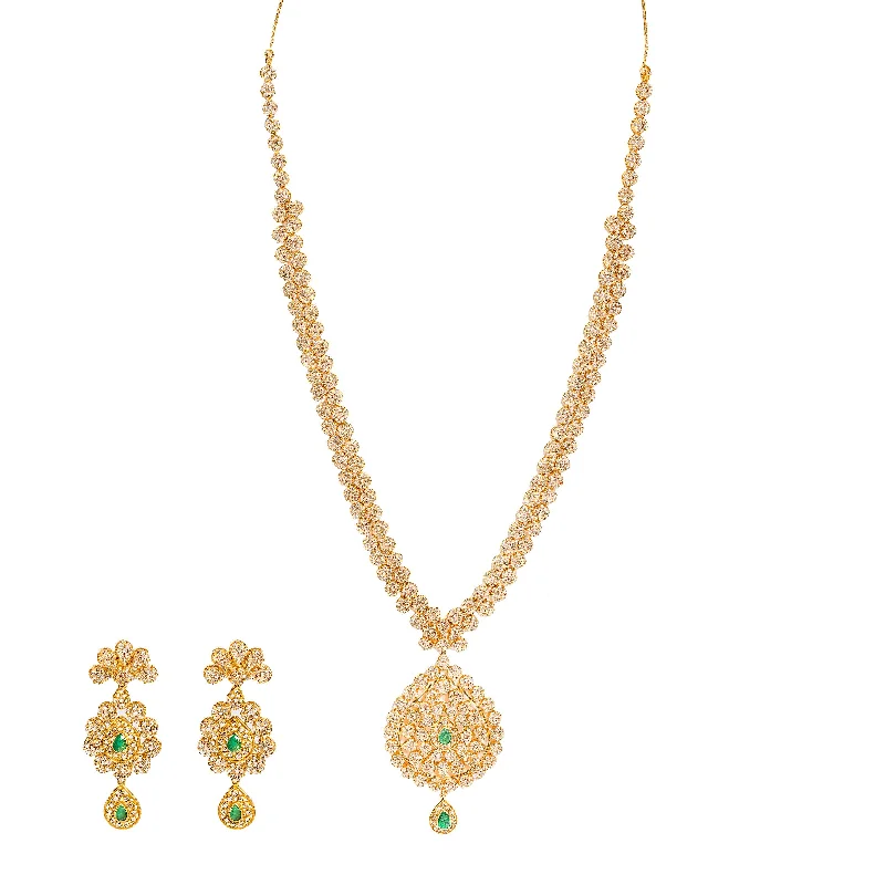 women’s birthstone necklaces-36.6 CT Uncut Diamond Emerald Necklace & Earring Set in 22K Gold W/Cable Link Chain