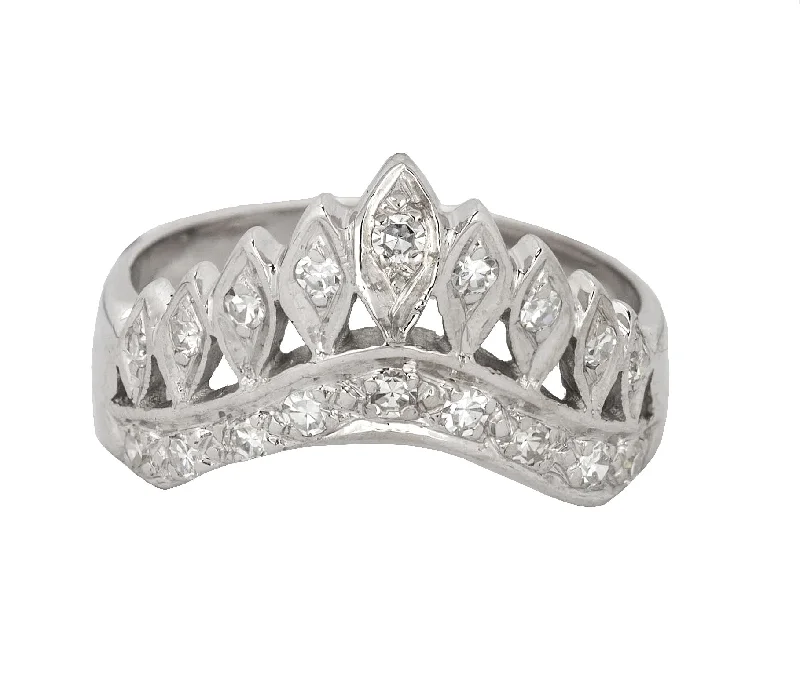 women’s heirloom engagement rings-1930s Antique Art Deco 14K White Gold 0.36ctw Diamond Tiara Wedding Band Ring