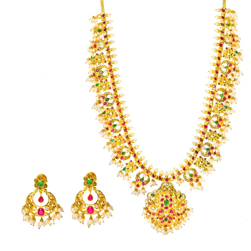 women’s pearl-studded necklaces-22K Yellow Gold Guttapusalu Necklace and Chandbali Earrings Set W/ Emeralds, Pearls, CZ , Rubies & Chandelier Pendant