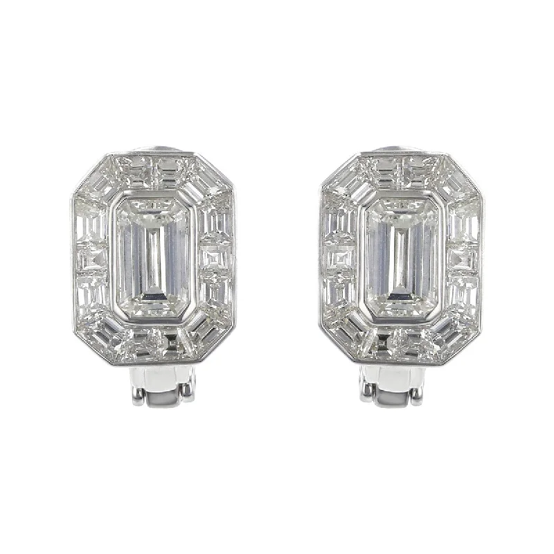 women’s Christmas earrings-Platinum Emerald-cut Diamond Halo Earrings