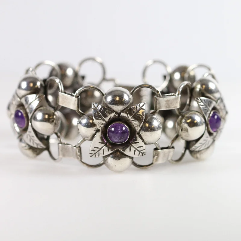 women’s geometric bangles-Vintage Silver Mexican Jewelry | Old Floral Amethyst Linked Bracelet