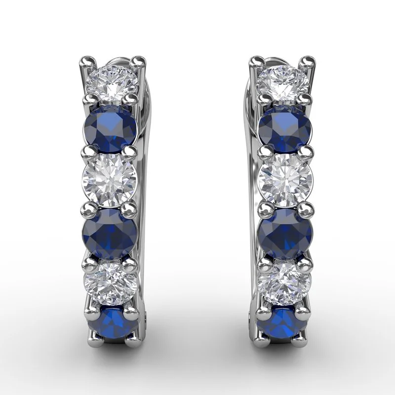 women’s silver hoop earrings-FANA Shared Prong Sapphire and Diamond Hoop Earrings ER1494S