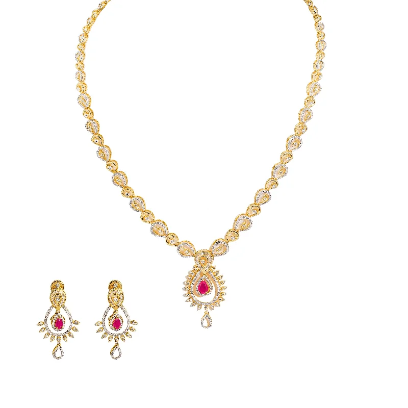 women’s sparkling necklaces-18K  Multi Tone Gold Diamond Necklace & Earrings Set W/ VVS Diamonds, Rubies, Emeralds & Faceted Pear Shape Details