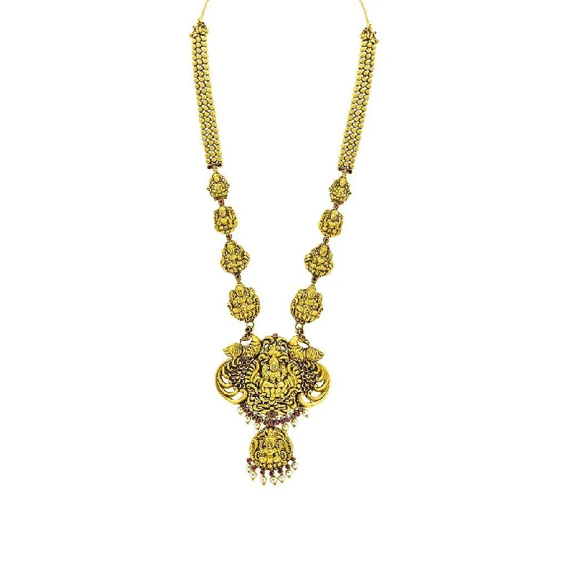 women’s red gemstone necklaces-22K Yellow Gold Antique Necklace W/ Ruby & Pearl on Full Laxmi Pendant Design