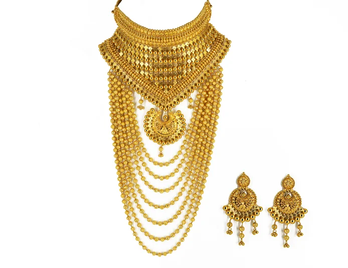 women’s floral pendant necklaces-22K Yellow Gold Layered Choker Necklace & Earrings Set W/ High V-Neck Plate & Draping Beaded Strands