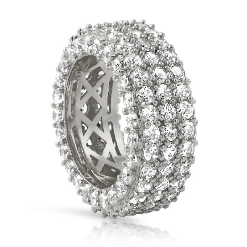 women’s friendship rings-Triple Ice Decker 360 CZ Eternity Hip Hop Band in Rhodium