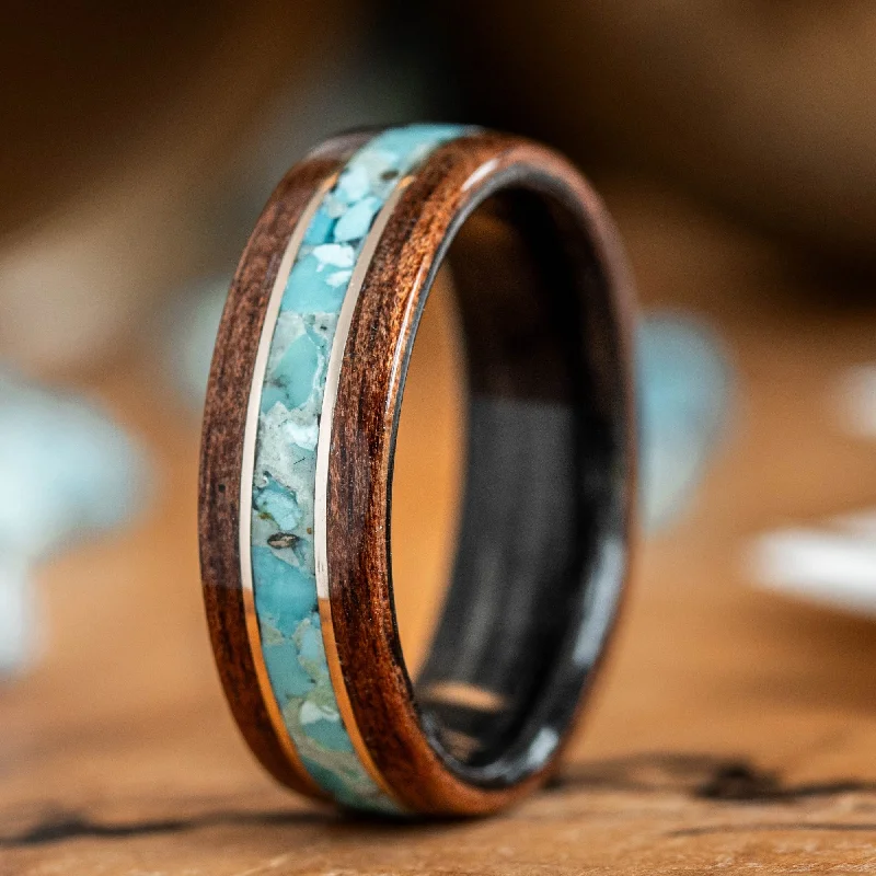 women’s solitaire engagement rings-The Code Talker | Men's Rifle Stock Wood Wedding Band with Turquoise & Dual Metal Inlays