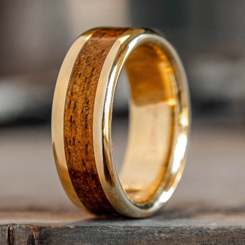 women’s conflict-free engagement rings-The Gold Rush | Men's Gold Wedding Band with USS California Battleship Teak Wood