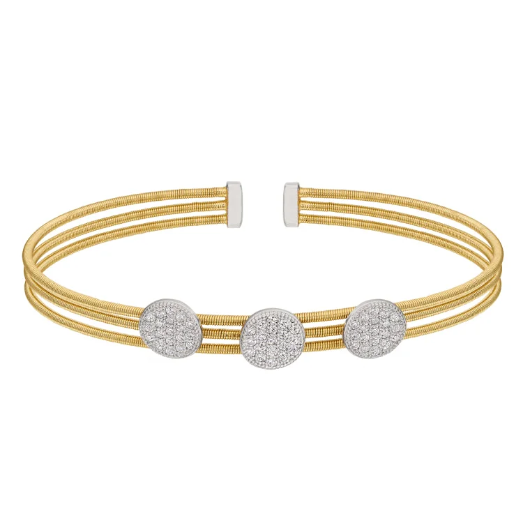 women’s thick bracelets-Gold Finish Sterling Silver Three Cable Cuff Bracelet with Rhodium Finish Simulated Diamond Three Large Circles