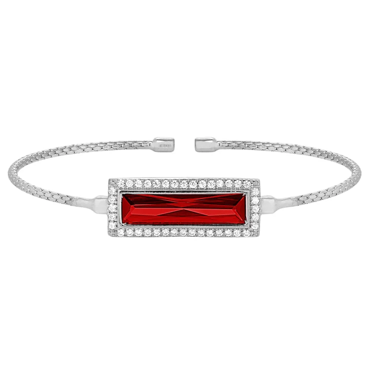 women’s tennis bracelets-Rhodium Finish Sterling Silver Cable Cuff Bracelet with Rectangular Simulated Garnet Stone and Simulated Diamonds