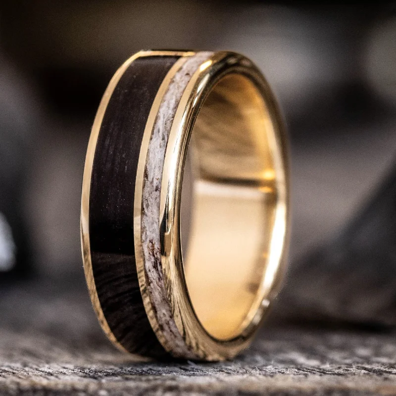 women’s ethical engagement rings-The Gent's Weekend | Men's Gold Whiskey Barrel Wood & Elk Antler Wedding Band