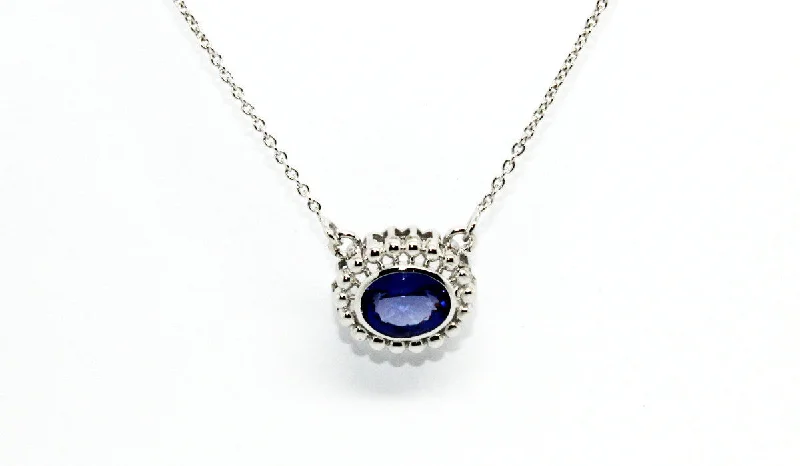 women’s statement necklaces-Blue sapphire Bezel Necklace 14k & 18k White Gold