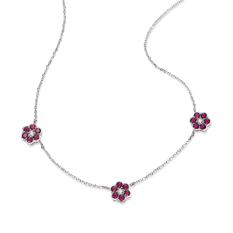 women’s ruby necklaces-Ruby and Diamond Flower Necklace, 14K White Gold