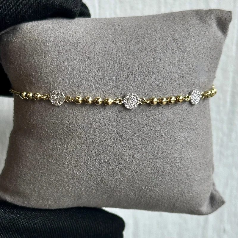 women’s silver bracelets-14K White Gold Disc Bracelet with Micro-Pave Diamonds and 14K Yellow Gold Ball Accents