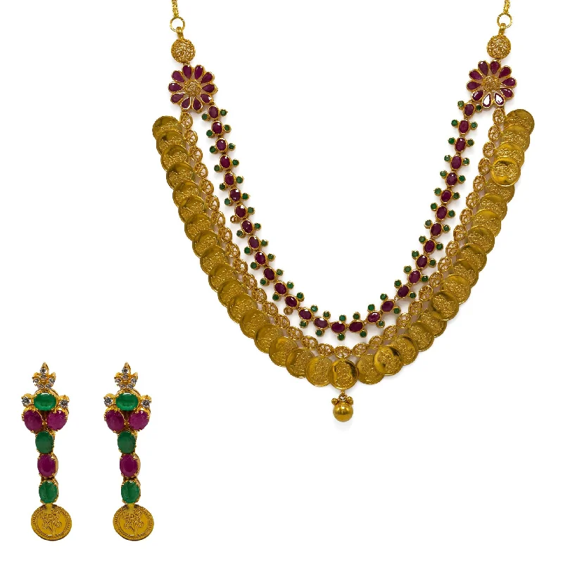 women’s sparkling necklaces-22K  Yellow Gold Necklace & Earrings Set W/ Rubies, Emeralds, CZ Gems, Double Strand Laxmi Kasu Necklace