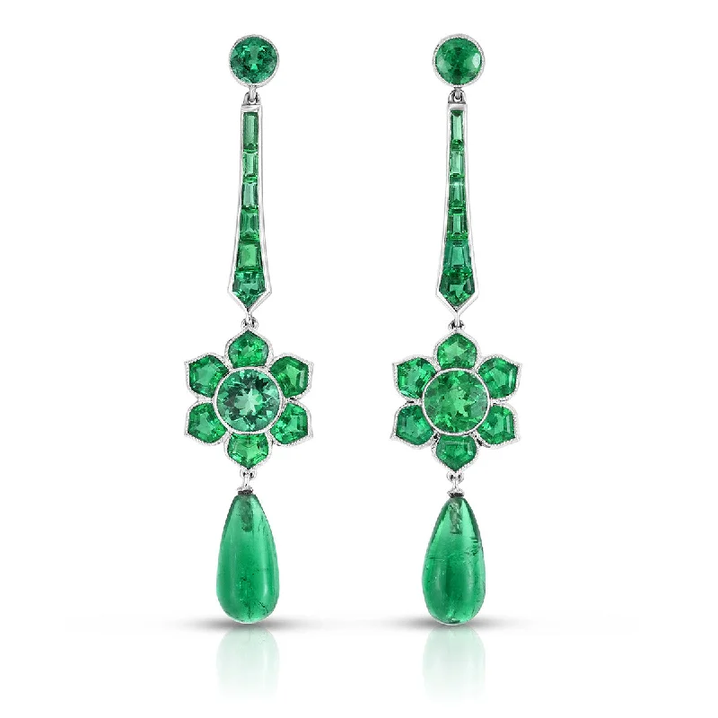 women’s casual earrings-Platinum Emerald Flower Drop Earrings