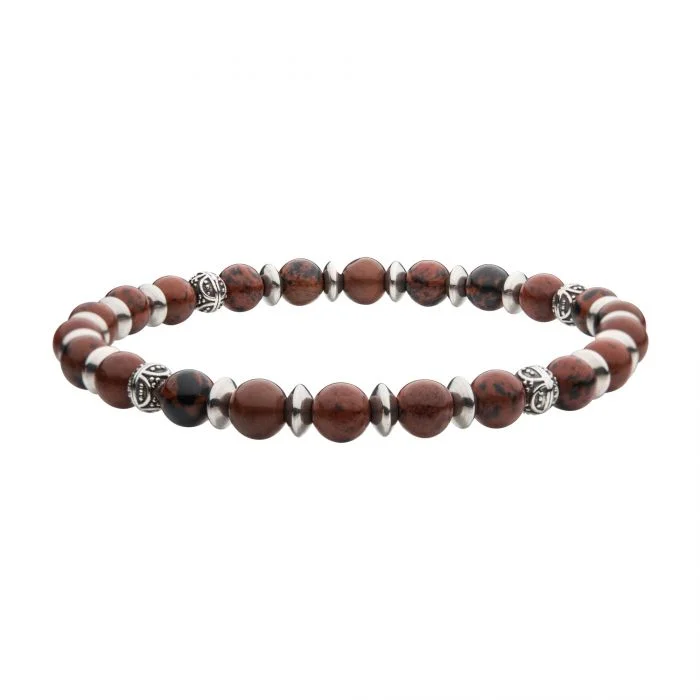 women’s diamond bracelets-6.5mm Brown Obsidian Stones with Black Oxidized Beads 7.5" Bracelet BR37977