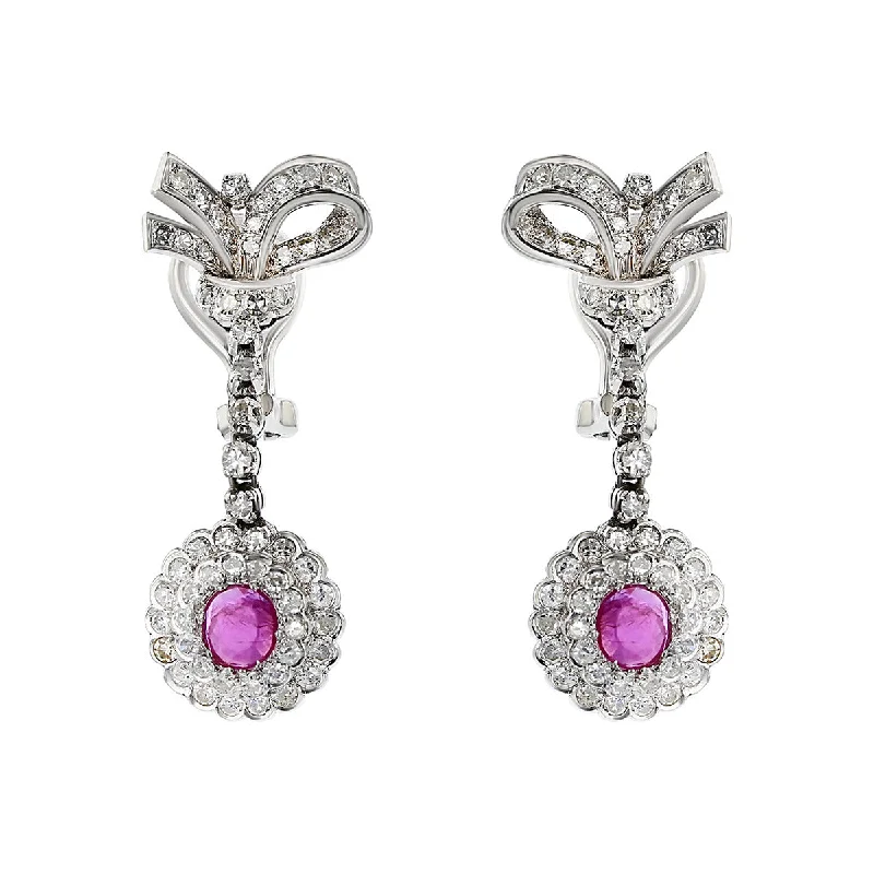 women’s vintage-style earrings-Palladium Ruby and Diamond Halo Bow Drop Earrings