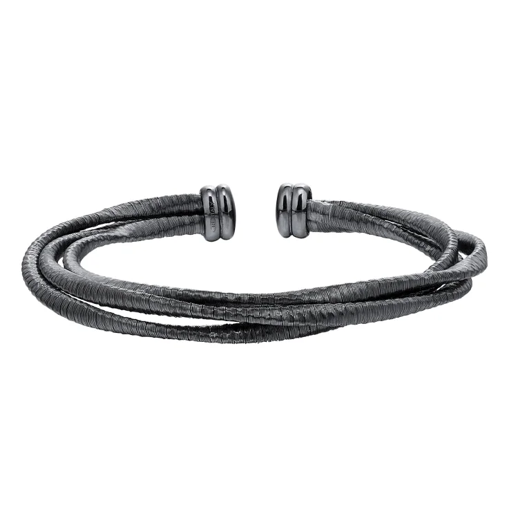 women’s silver bangles-Black Rhodium Finish Sterling Silver Loosely Twisted Three Cable Cuff Bracelet