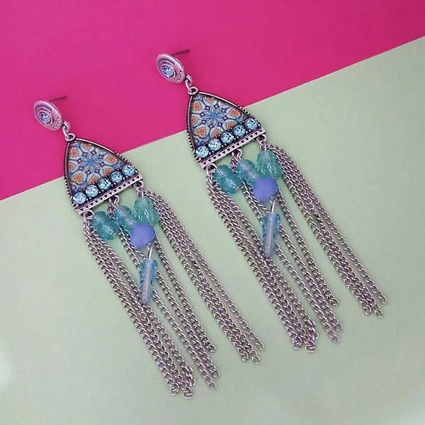 women’s diamond halo earrings-Urthn Blue Meenakari Stone Chain Drop Tassel Earrings - 1311826A