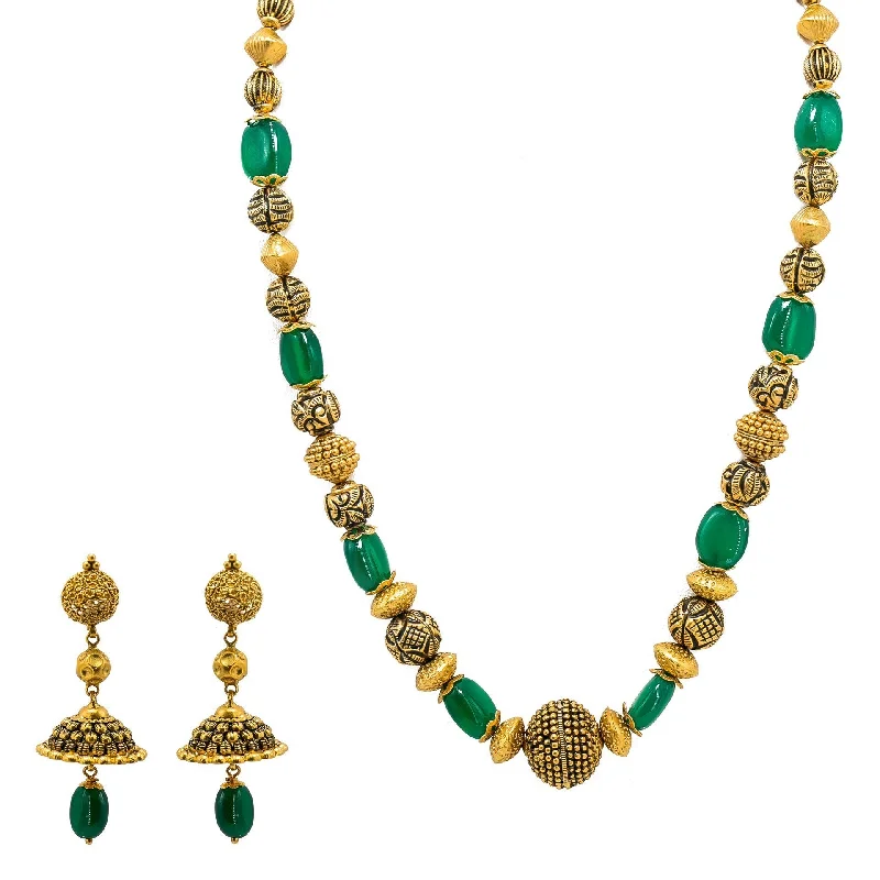 women’s personalized pendant necklaces-22K Yellow Gold Necklace & Jhumki Earring Set W/ Emerald & Unique Detailed Gold Beads