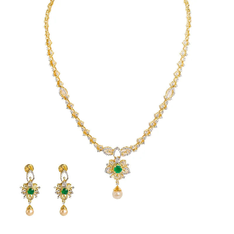 women’s pearl and diamond necklaces-18K  Yellow Gold Diamond Necklace & Earrings Set W/ VVS Diamonds, Emeralds, Pearls & Lotus Flower Pendant