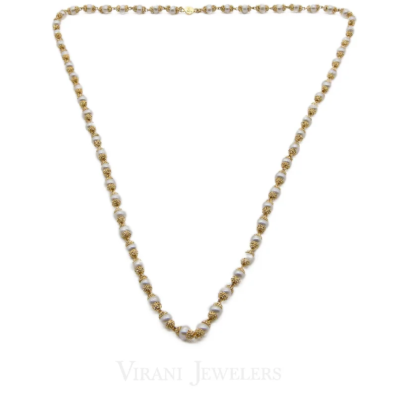 women’s circle necklaces-Pearl Necklace W/22K Yellow Gold Beaded Ball Accents