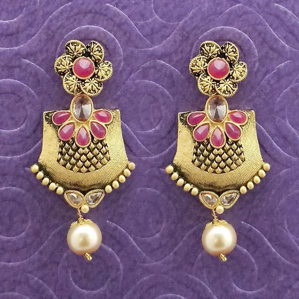 women’s pearl drop earrings-Kriaa Antique Gold Plated Pink Stone Dangler Earrings - 1312037B