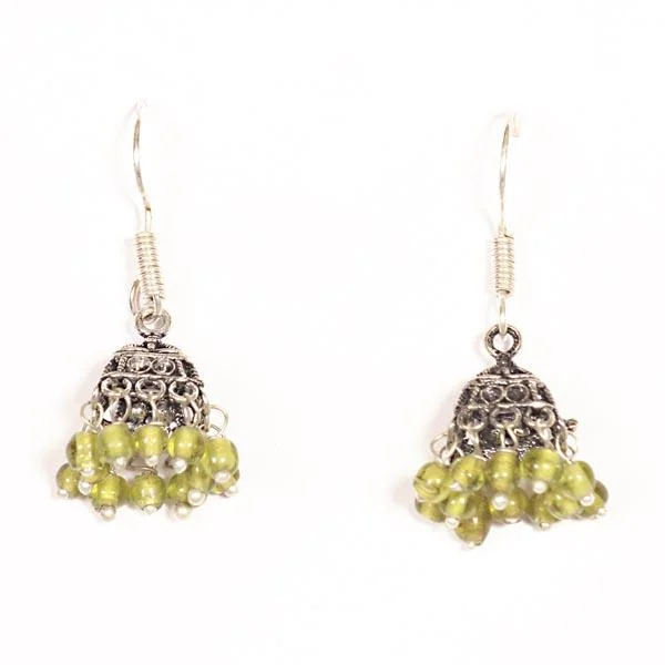 women’s luxury diamond earrings-Kriaa Green Drops Black Oxidised Jhumkis - 1301601