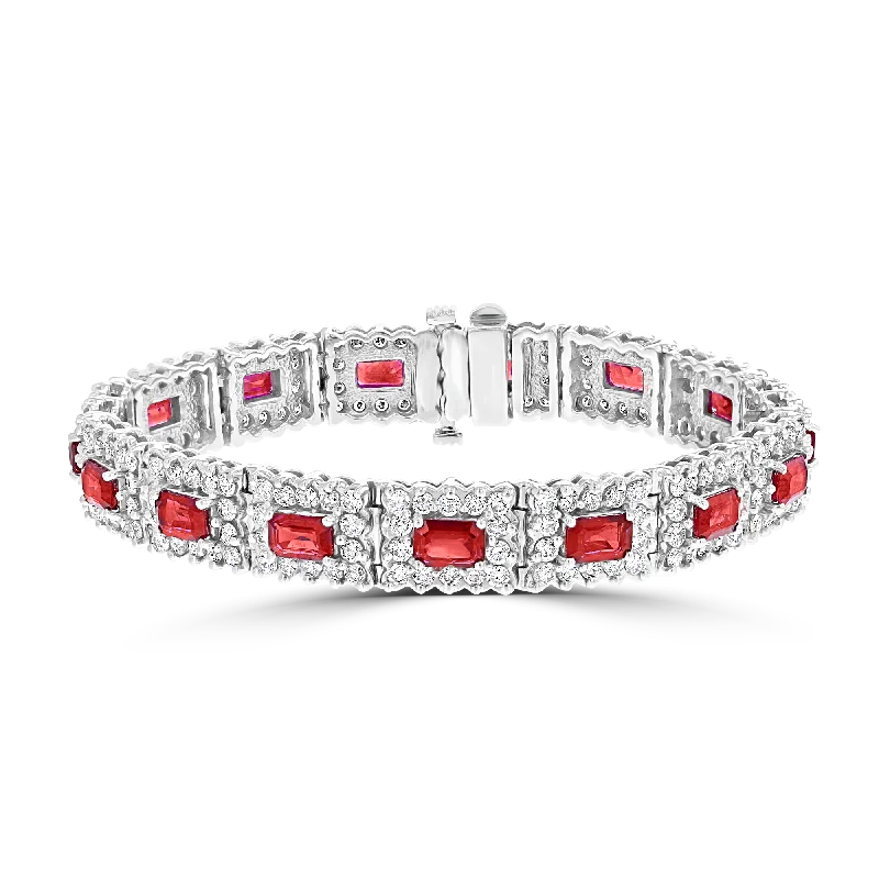 women’s tennis bracelets-14KT GOLD 9.63 CTW RUBY & 6.30 CTW DIAMOND HALO BRACELET